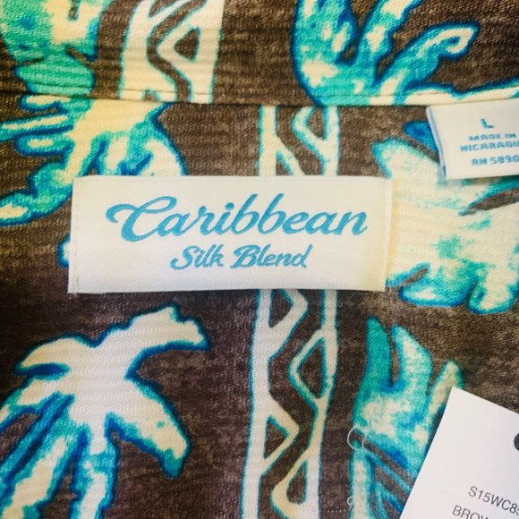 Caribbean Hawaiian Shirt Sz L Silk Blend Ribbed Palm Tree Brown Vacation Cruise - Picture 5 of 6